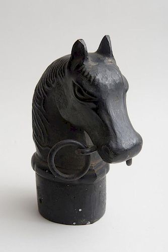 BLACK PAINTED CAST-IRON HORSE HEAD-FORM HITCHING POST TOPPER