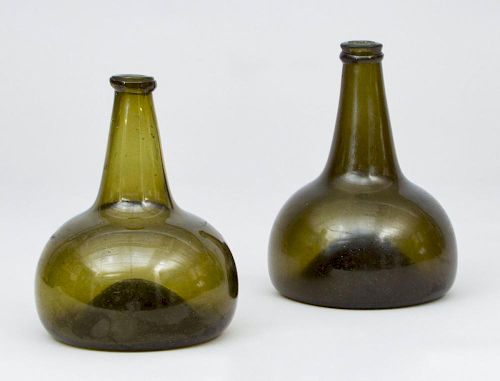 TWO SIMILAR GREEN GLASS BALLOON-SHAPE BOTTLES