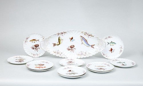 SET OF ELEVEN AUSTRIAN TRANSFER-PRINTED PORCELAIN FISH PLATES AND A MATCHING PLATTER