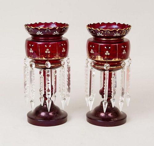 PAIR OF BOHEMIAN ENAMEL-DECORATED RUBY-GLASS LUSTRES