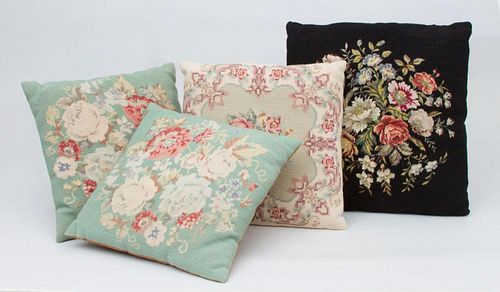 GROUP OF FOUR FLORAL NEEDLEWORK PILLOWS