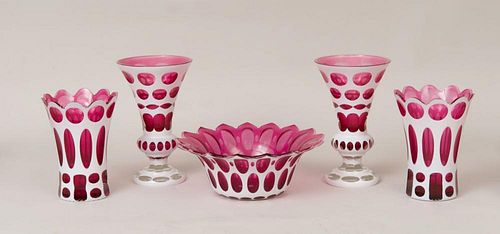 TWO PAIRS OF RUBY-OVERLAY GLASS VASES AND A MATCHING FRUIT BOWL