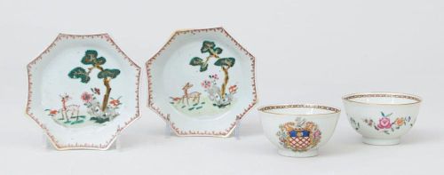 PAIR OF CHINESE EXPORT ARMORIAL TEA BOWLS AND A PAIR OF OCTANGONAL DISHES