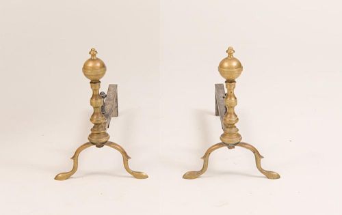 PAIR OF BRASS AND WROUGHT-IRON MACHINE-TURNED ANDIRONS