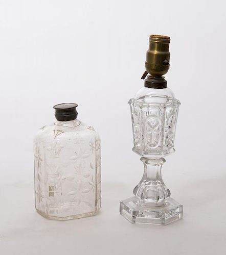 AMERICAN PRESSED GLASS FLUID LAMP BASE AND AN ETCHED GLASS RECTANGULAR BOTTLE