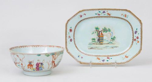 CHINESE EXPORT PORCELAIN PLATTER AND A SMALL PUNCH BOWL