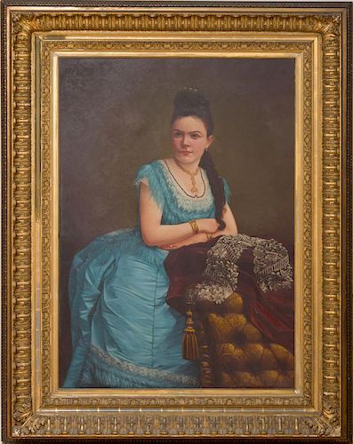 W. LORING CLARK: PORTRAIT OF A WOMAN IN A BLUE DRESS