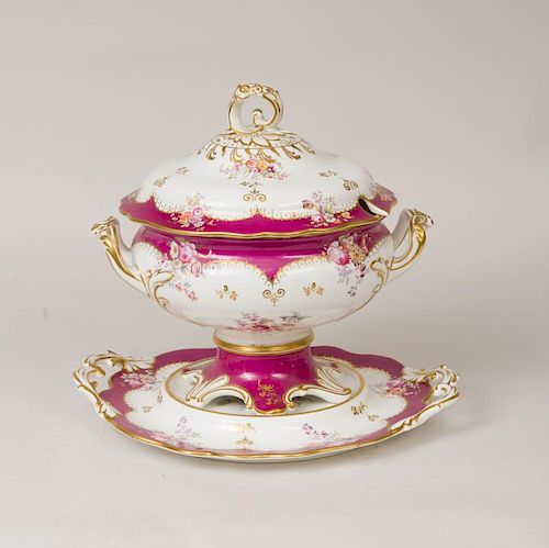 ENGLISH PORCELAIN TUREEN, COVER AND STAND
