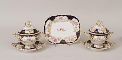 PAIR OF ENGLISH PORCELAIN SAUCE TUREENS, COVERS, AND STANDS, AND A MATCHING CAKE PLATTER