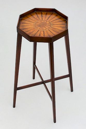 GEORGE III STYLE SATINWOOD AND MAHOGANY PARQUETRY OCTAGONAL-TOP KETTLE STAND