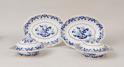 PAIR OF ENGLISH NEW STONE CHINA VEGETABLE DISHES AND COVERS, AND TWO MATCHING PLATTERS