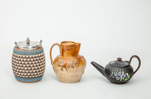 DOULTON LAMBETH 'SILICON' POTTERY BISCUIT BARREL, AN ENGLISH PINT JUG, AND AN ENAMELED BLACK BASALT INDIVIDUAL TEAPOT AND COV