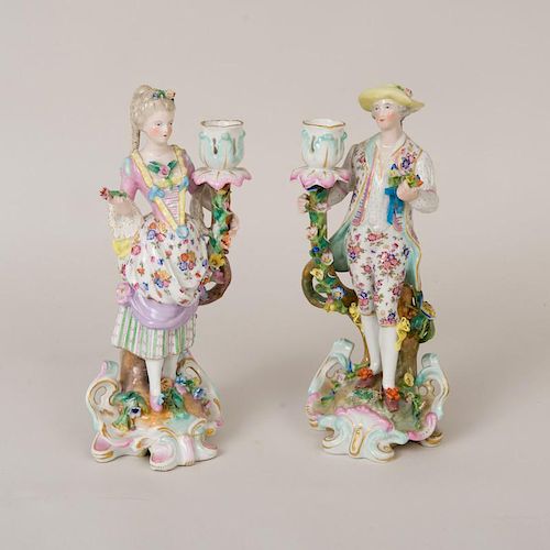 PAIR OF CHELSEA/DERBY STYLE PORCELAIN FIGURAL CANDLESTICKS