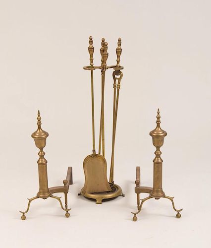 GEORGE III STYLE BRASS AND IRON FIREPLACE TOOLS