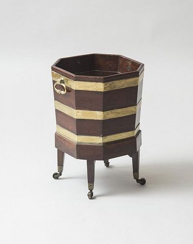 GEORGE III MAHOGANY AND BRASS-BOUND BUCKET ON STAND, FORMERLY A CELLARETTE
