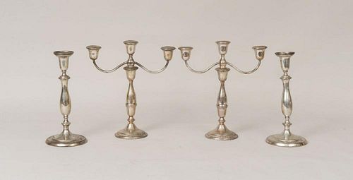 PAIR OF HUNT-HALLMARK WEIGHTED SILVER CANDLESTICKS AND A PAIR OF BLACKINGTON SILVER-WEIGHTED CANDLESTICKS