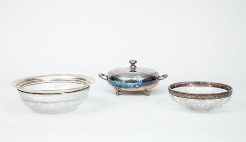 HAWKES SILVER-RIMMED CUT-GLASS SALAD BOWL, A GLASS BOWL WITH SILVERED RIM AND A REED AND BARTON SILVER-PLATED BOWL AND COVER