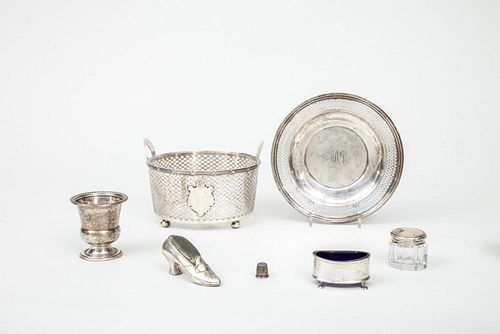 GROUP OF SIX AMERICAN AND ENGLISH SILVER AND SILVER-MOUNTED ARTICLES AND A METAL THIMBLE