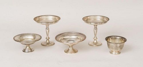 TWO SIMILAR AMERICAN WEIGHTED AND STEMMED SILVER COMPOTES AND THREE WEIGHTED BOWLS