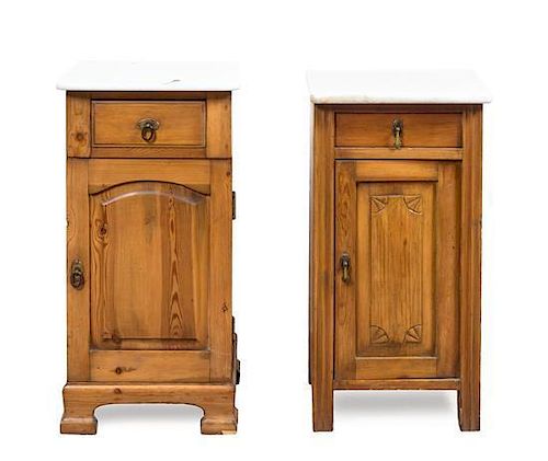 A Near Pair of American Pine Bedside Tables Height of taller 31 1/2 x width 15 1/2 x depth 15 1/2 inches.