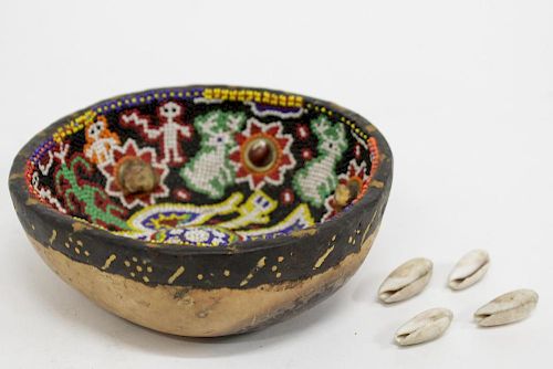 Huichol Mexican Beaded Spirit Gourd Bowl