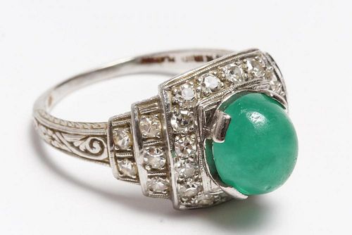 Art Deco Platinum, Diamond, & Emerald Ring