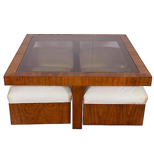 Drexel Glass Top Cocktail Table & 4 Ottomans