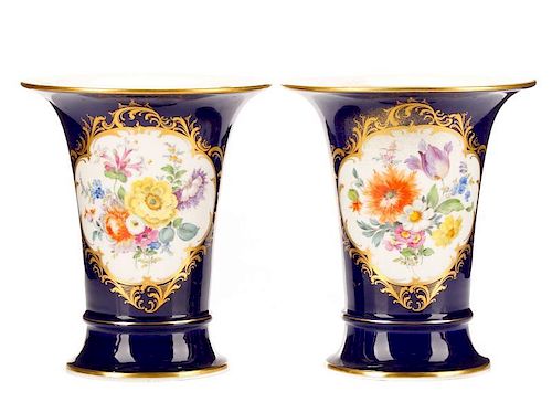 Pair, Meissen Cobalt & Floral Decorated Vases