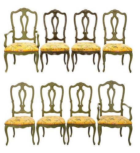 Set, 8 Green Baker Queen Anne Style Dining Chairs