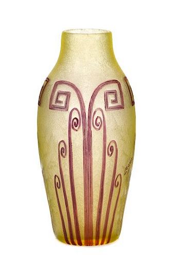 French Art Deco Cameo Glass 12" Vase, Legras