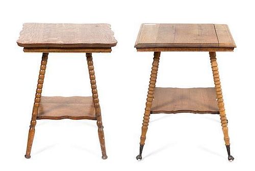 Two Victorian Oak Side Tables Height of taller 27 x width 24 x depth 24 inches.