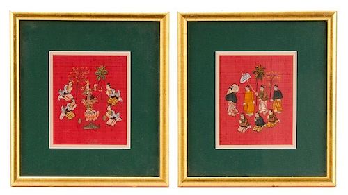 Pair of Burmese Figural Paintings on Silk, Framed