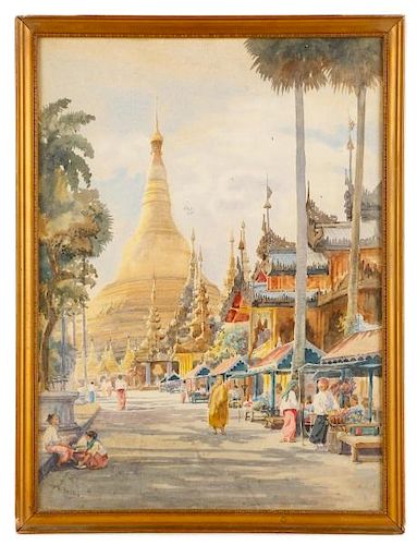 Burmese Watercolor of Shwedagon Pagoda, 1917