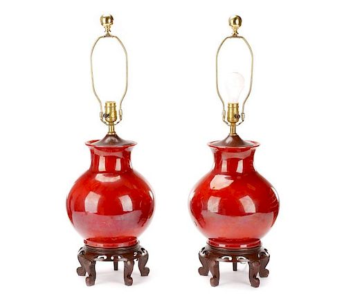 Pair, Chinese Porcelain Oxblood Vase Lamps