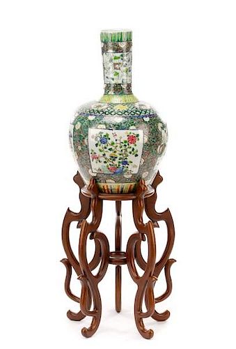Large Chinese Famille Verte Bottle Vase w/ Stand