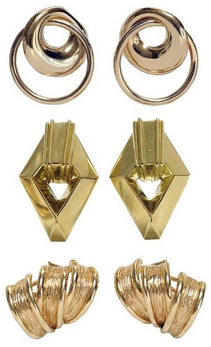 Three Pairs 14 Kt. Gold Earrings