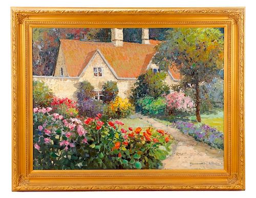 Kent R. Wallis, "Cottage Garden," Oil on Canvas