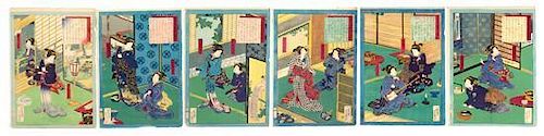 Utagawa Yoshiiku, (1833-1904), six sheets from Colors of Spring at Thirty-Six Restaurants