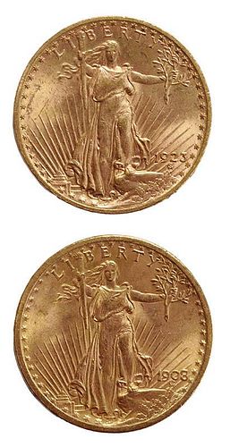 Two St. Gaudens $20 Gold Pieces