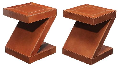 Pair Z-Shaped Leather-Upholstered