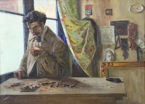DE SERVI, Leo. Oil on Canvas. Woodcarver in the