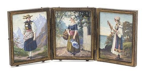 Three Continental Miniature Paintings, Height of each panel 3 5/8 x width 2 3/4 inches.