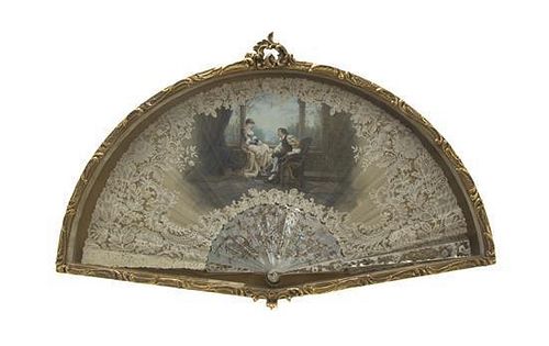 A Victorian Silk, Lace, Mother-of-Pearl and Abalone Fan, 19TH CENTURY, Width 26 1/2 inches.
