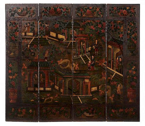 Finely Painted Four-Panel Wall Screen