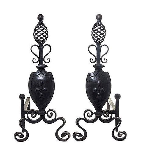 A Pair of Wrought Iron Andirons, Height 29 inches.