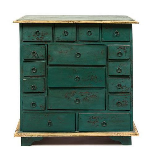 A Provincial Painted Spice Cabinet, Height 21 3/4 x width 21 1/2 x depth 11 1/4 inches.