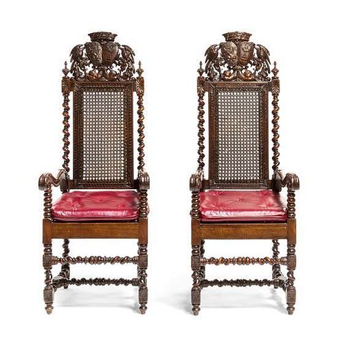A Pair of Charles II Style Carved Armchairs, Height 53 inches.