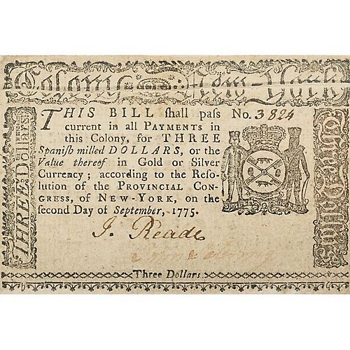 1775 NEW YORK COLONIAL CURRENCY $3 NOTE