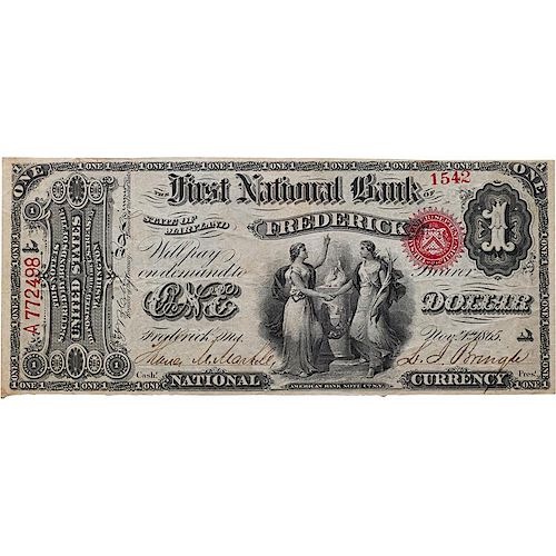 1865 NATIONAL BANK OF FREDERICK MARYLAND $1 NOTE