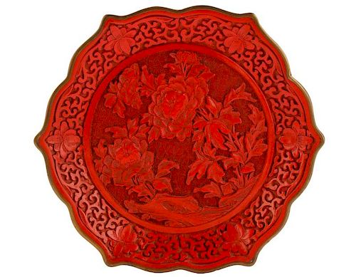 Chinese Lacquered Cinnabar Plate w/ Peonies